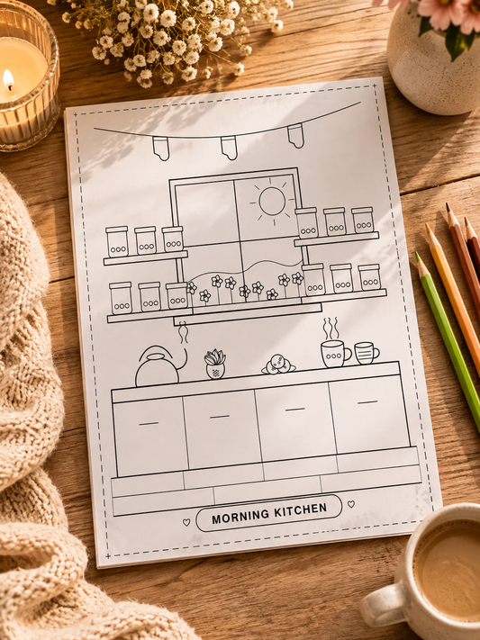Cozy Corner coloring book sample page with cozy home scene line art