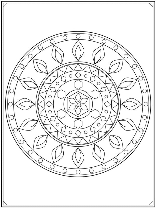 Geometrical coloring book sample page with symmetric geometric line art