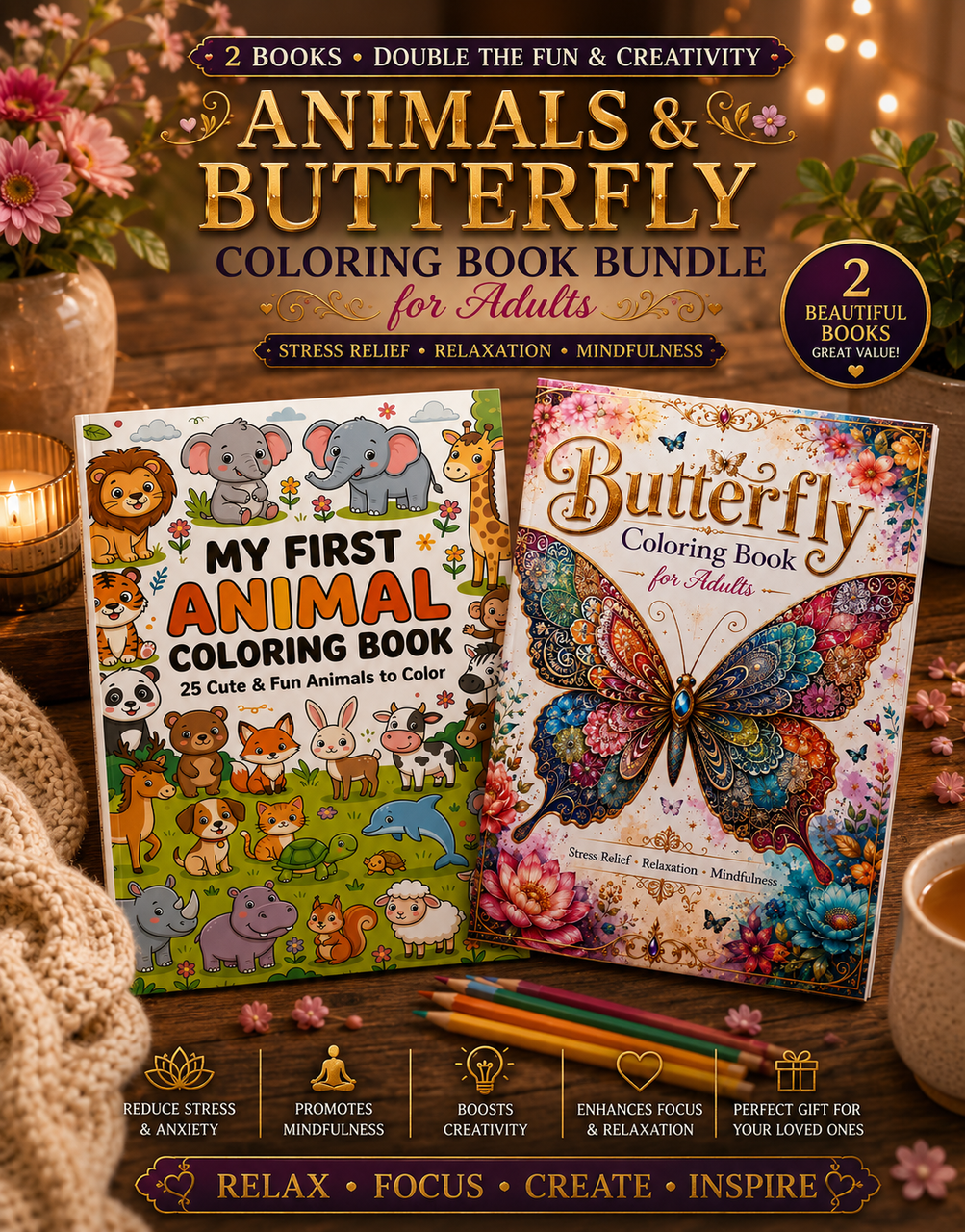 Pack of Two Animals and Butterfly Coloring Books